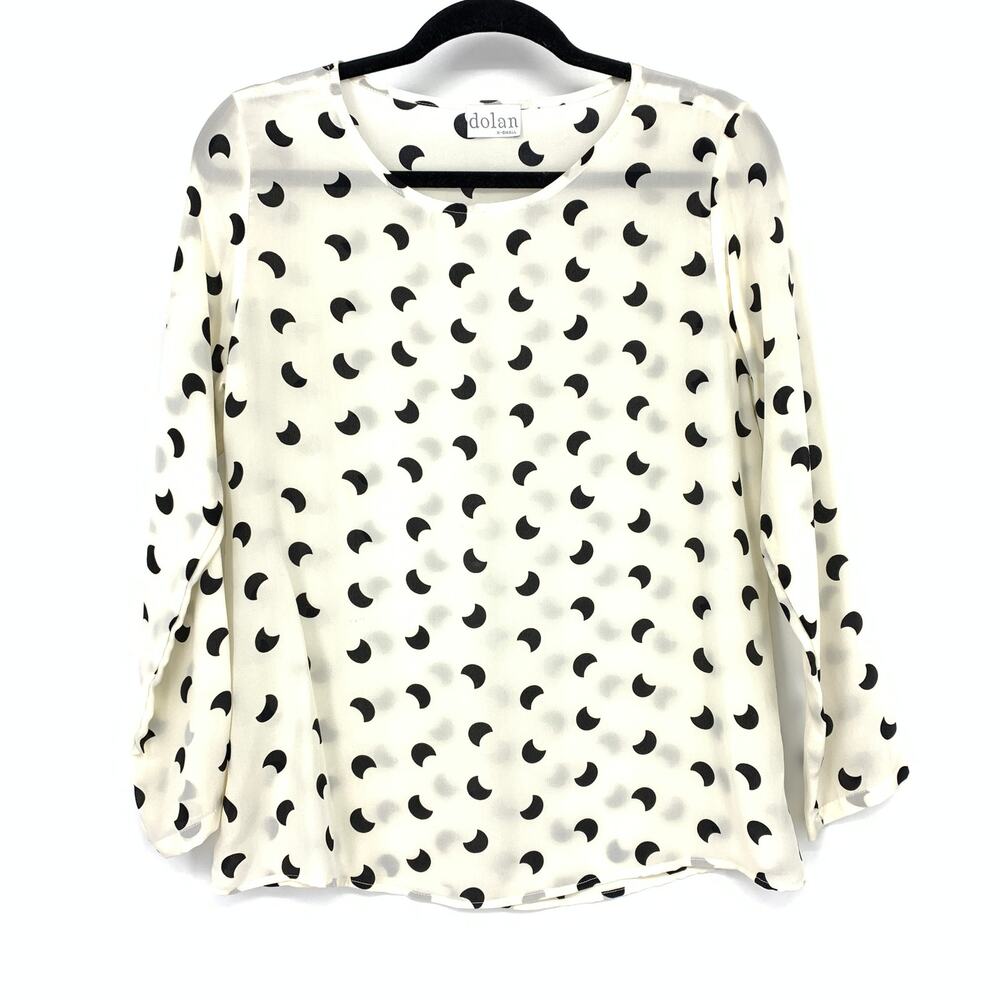 Dolan Black White Crescent Moon Dot Silk Blouse Womens Long Sleeve Top Size XS